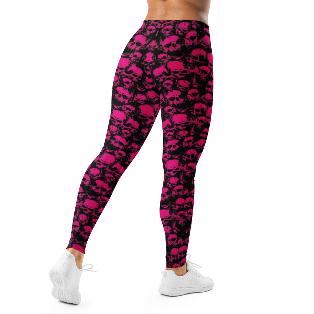 Personalisierte Sportleggings Damen Totenkopf Design Schwarz Pink Fitness Yoga Leggings S195