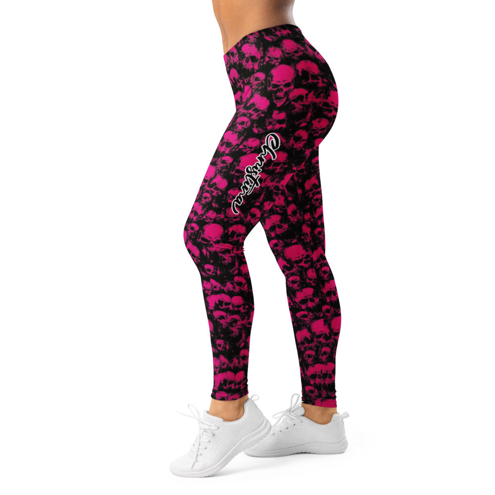 Personalisierte Sportleggings Damen Totenkopf Design Schwarz Pink Fitness Yoga Leggings S195