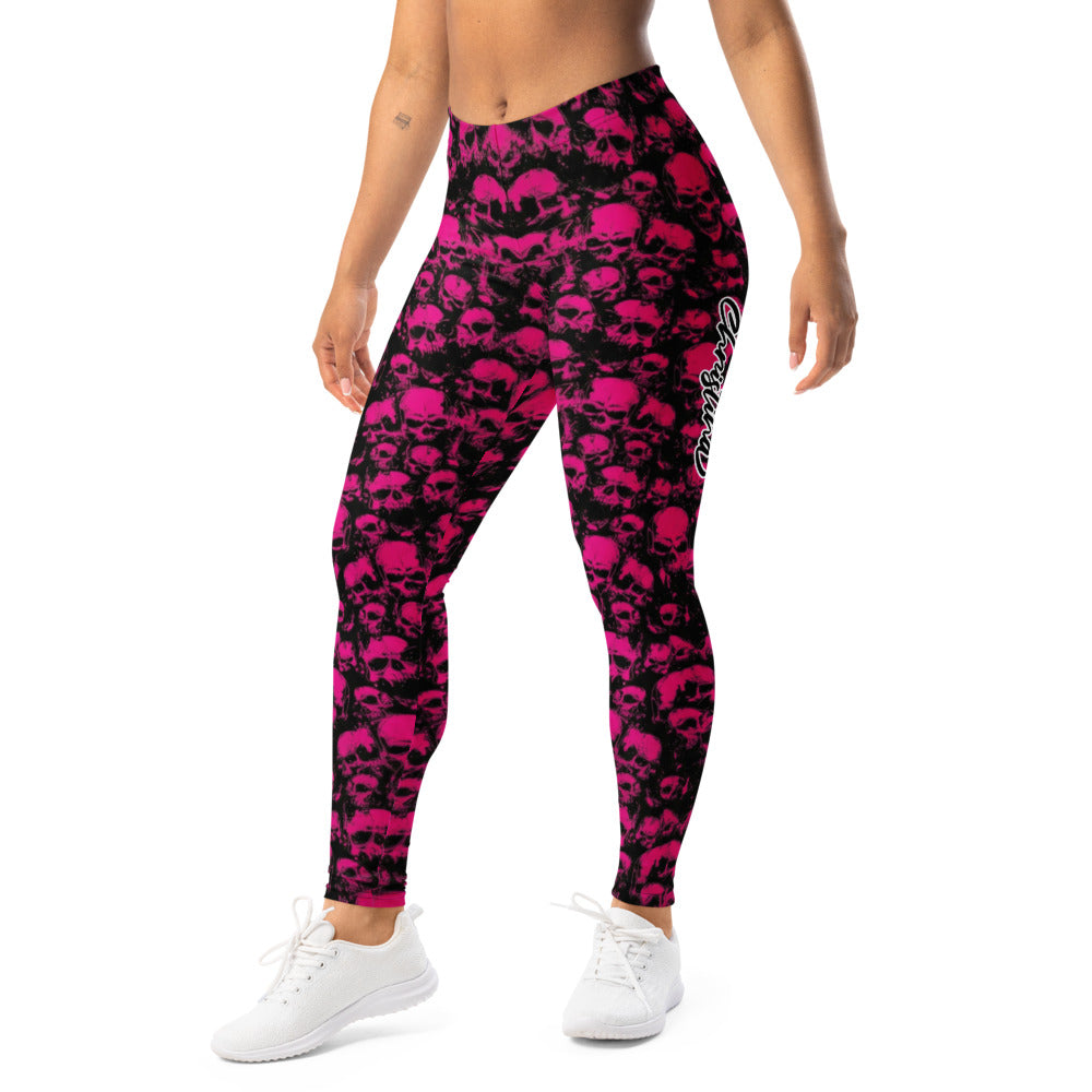 Personalisierte Sportleggings Damen Totenkopf Design Schwarz Pink Fitness Yoga Leggings S195