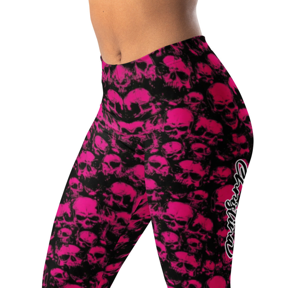 Personalisierte Sportleggings Damen Totenkopf Design Schwarz Pink Fitness Yoga Leggings S195