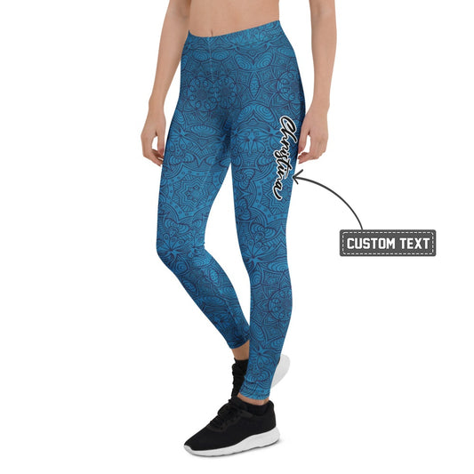 Personalisierte Yoga Leggings Damen Mandala Muster Blau Ornament Fitness Sportleggings I683 - XL