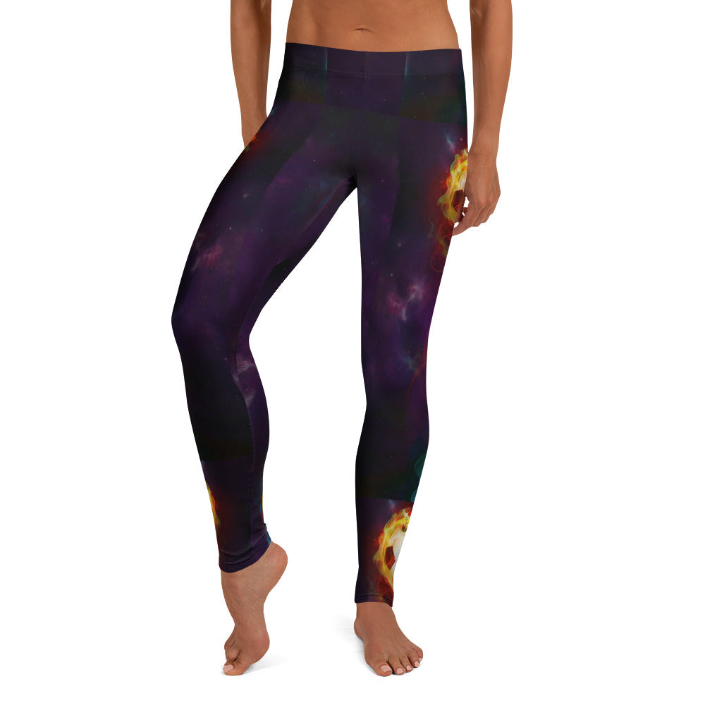 Personalisierte Damen Sportleggings Fußball Motiv brennender Ball Galaxie Design Fitnesshose Lila Schwarz V674