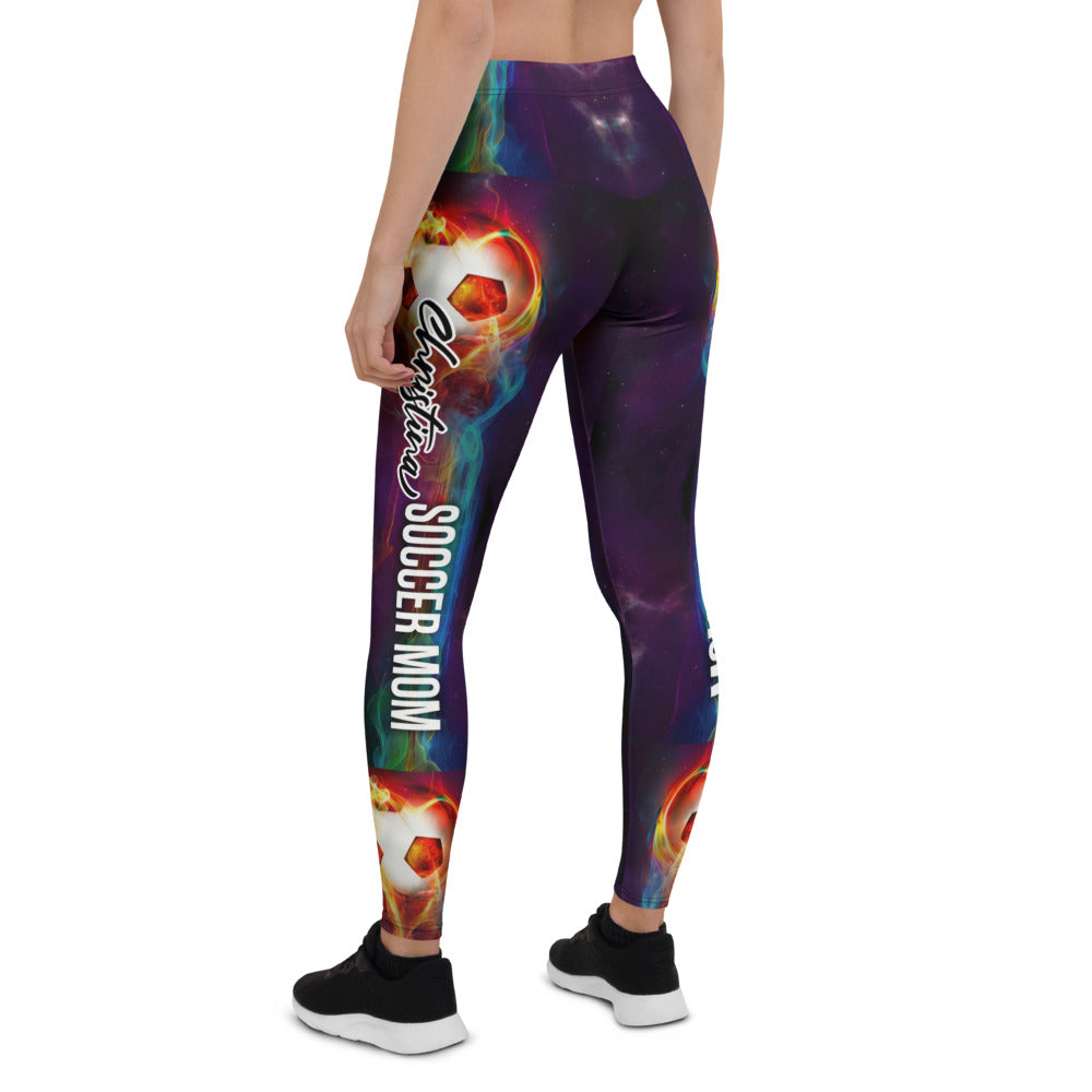 Personalisierte Damen Sportleggings Fußball Motiv brennender Ball Galaxie Design Fitnesshose Lila Schwarz V674