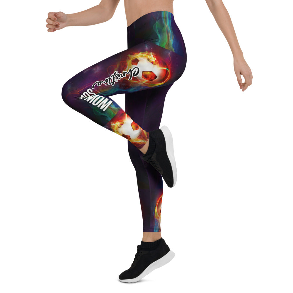 Personalisierte Damen Sportleggings Fußball Motiv brennender Ball Galaxie Design Fitnesshose Lila Schwarz V674