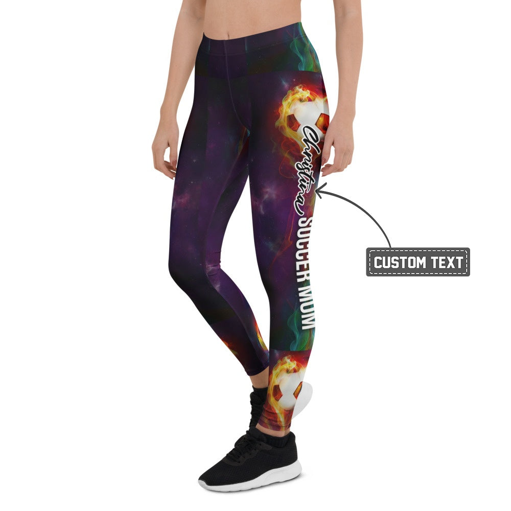 Personalisierte Damen Sportleggings Fußball Motiv brennender Ball Galaxie Design Fitnesshose Lila Schwarz V674 - XL