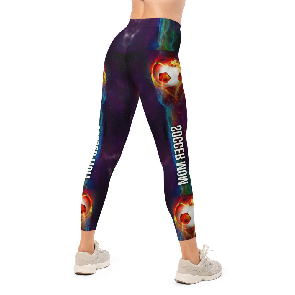 Personalisierte Damen Sportleggings Fußball Motiv brennender Ball Galaxie Design Fitnesshose Lila Schwarz V674