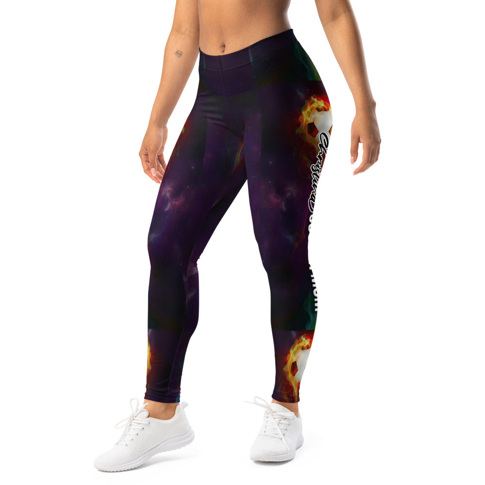 Personalisierte Damen Sportleggings Fußball Motiv brennender Ball Galaxie Design Fitnesshose Lila Schwarz V674