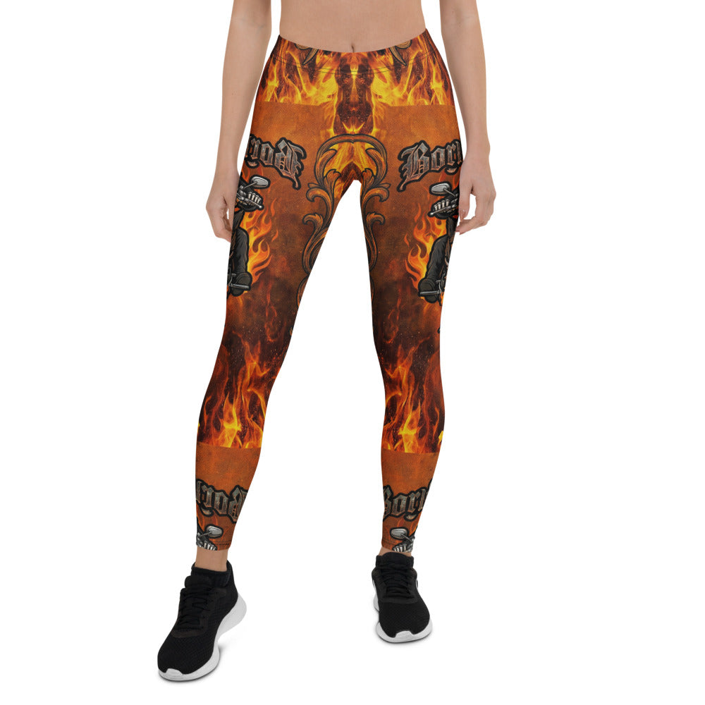 Personalisierte Damen Sportleggings Flammen Motiv Biker Design Fitness Leggings Schwarz Orange Q772