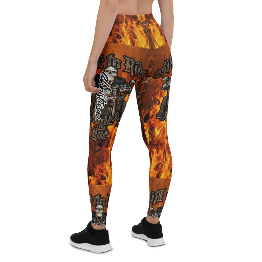 Personalisierte Damen Sportleggings Flammen Motiv Biker Design Fitness Leggings Schwarz Orange Q772