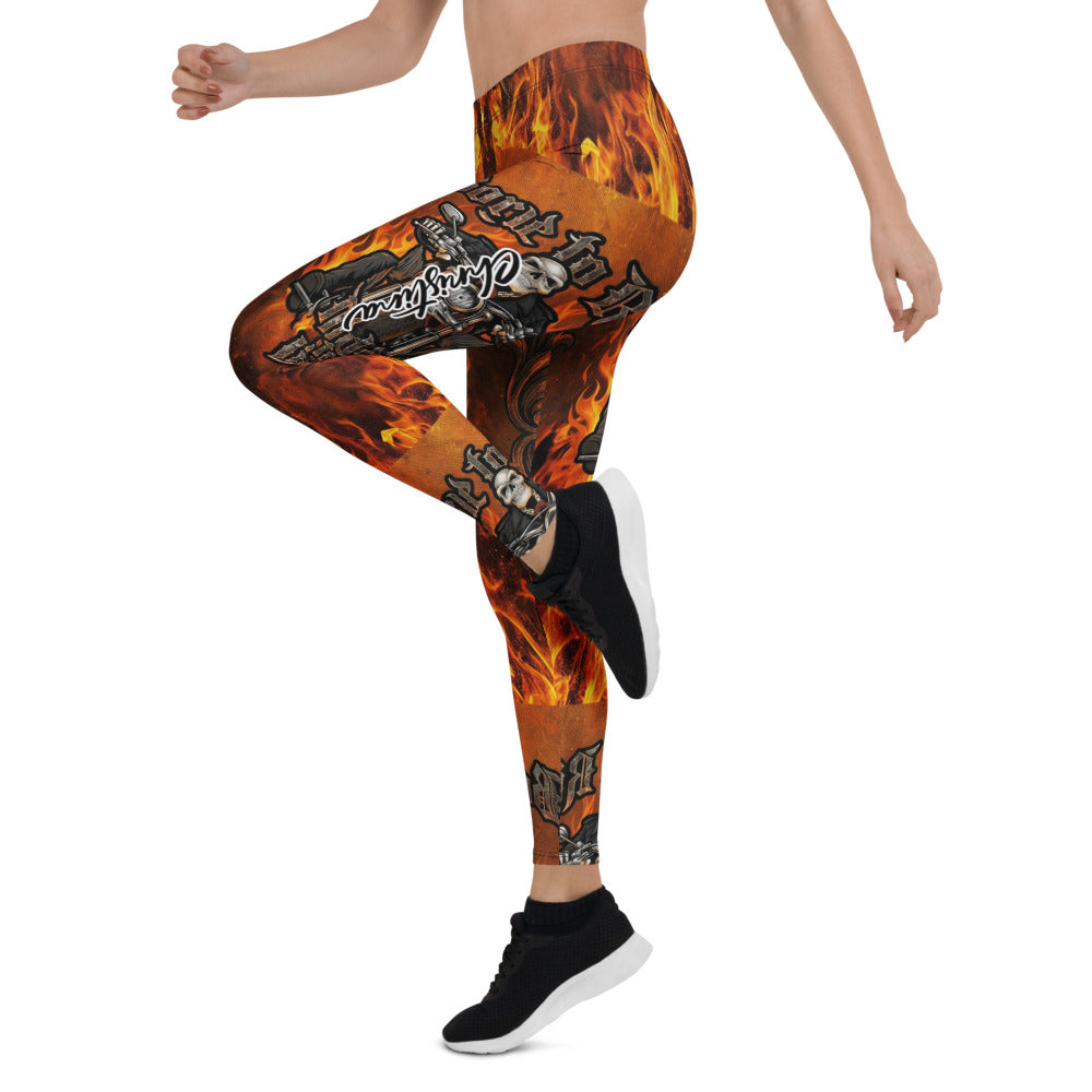 Personalisierte Damen Sportleggings Flammen Motiv Biker Design Fitness Leggings Schwarz Orange Q772