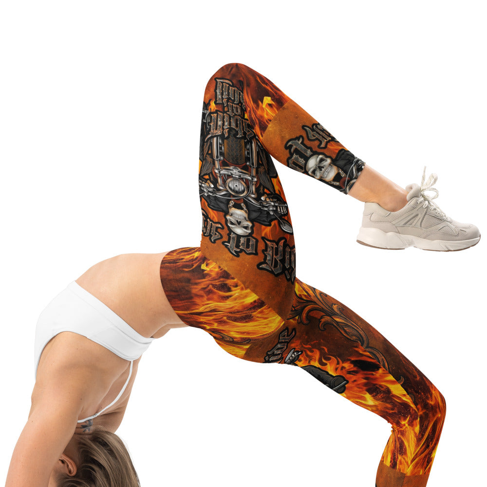 Personalisierte Damen Sportleggings Flammen Motiv Biker Design Fitness Leggings Schwarz Orange Q772