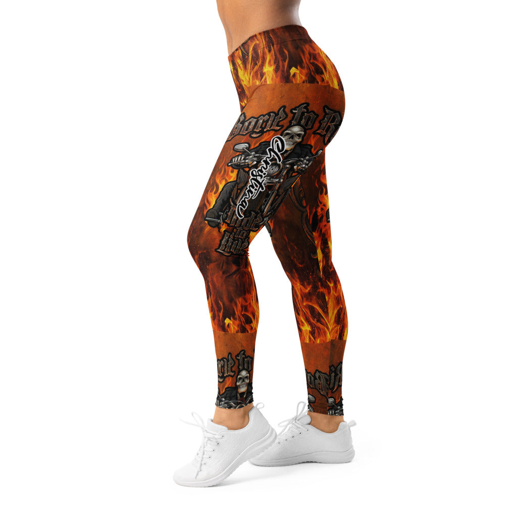 Personalisierte Damen Sportleggings Flammen Motiv Biker Design Fitness Leggings Schwarz Orange Q772