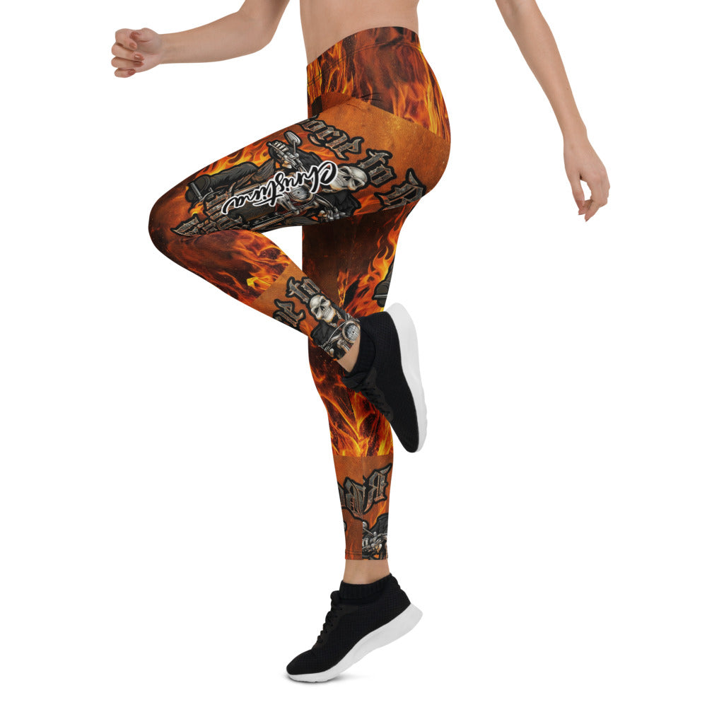 Personalisierte Sportleggings Damen Flammen Design Biker Motiv Schwarz Orange Fitness Leggings B656