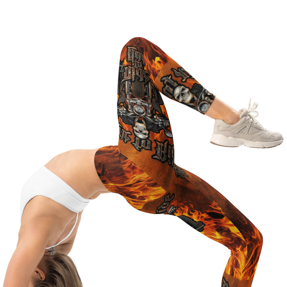 Personalisierte Sportleggings Damen Flammen Design Biker Motiv Schwarz Orange Fitness Leggings B656
