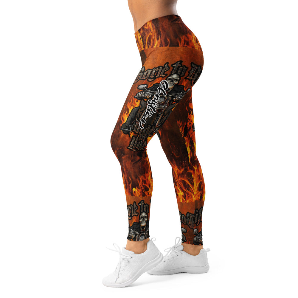Personalisierte Sportleggings Damen Flammen Design Biker Motiv Schwarz Orange Fitness Leggings B656