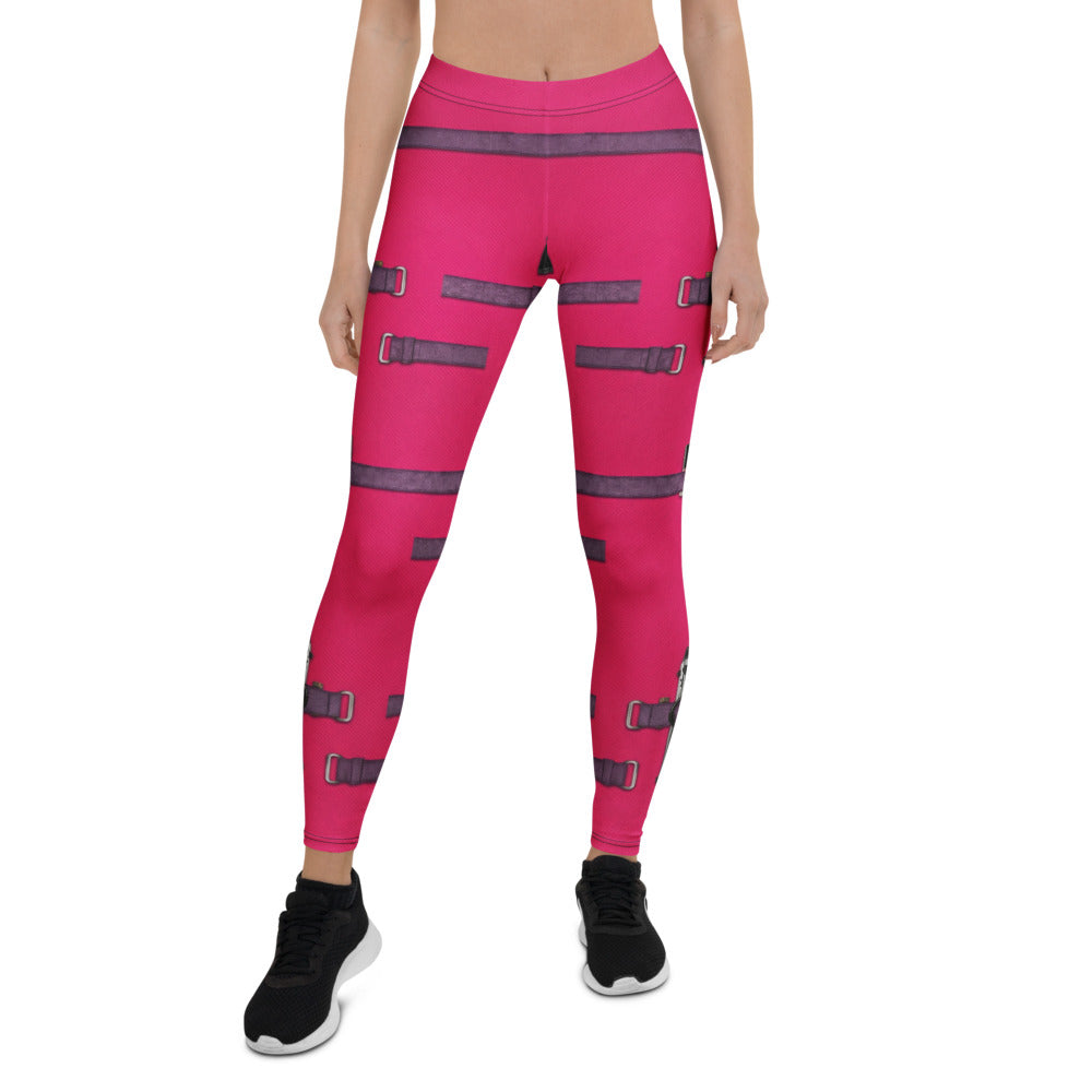 Personalisierte Sportleggings Damen Pink Magenta Riemen Design Fitness Leggings Cosplay Stil Fitnesshose H381