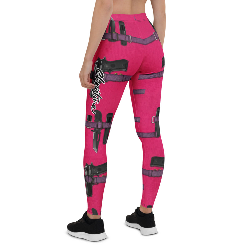 Personalisierte Sportleggings Damen Pink Magenta Riemen Design Fitness Leggings Cosplay Stil Fitnesshose H381