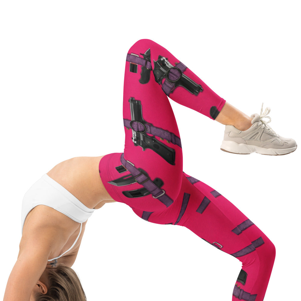 Personalisierte Sportleggings Damen Pink Magenta Riemen Design Fitness Leggings Cosplay Stil Fitnesshose H381