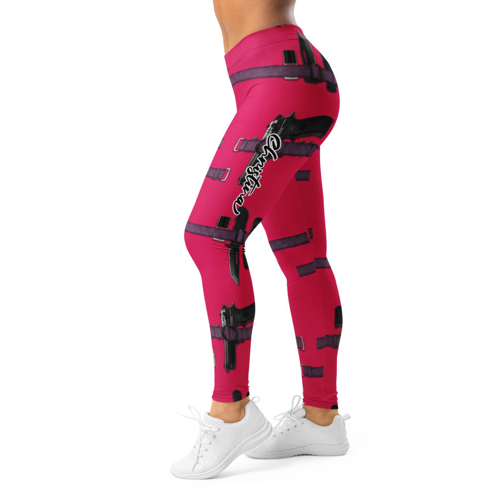 Personalisierte Sportleggings Damen Pink Magenta Riemen Design Fitness Leggings Cosplay Stil Fitnesshose H381