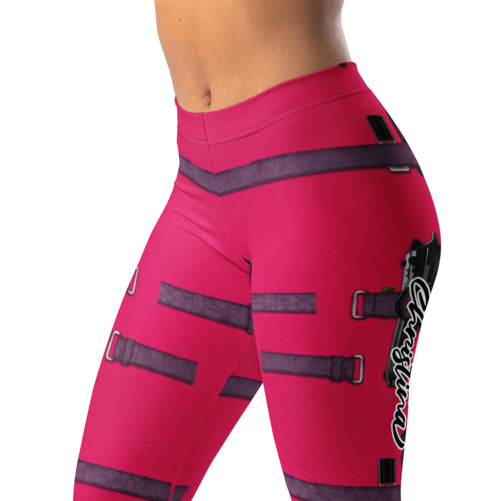 Personalisierte Sportleggings Damen Pink Magenta Riemen Design Fitness Leggings Cosplay Stil Fitnesshose H381