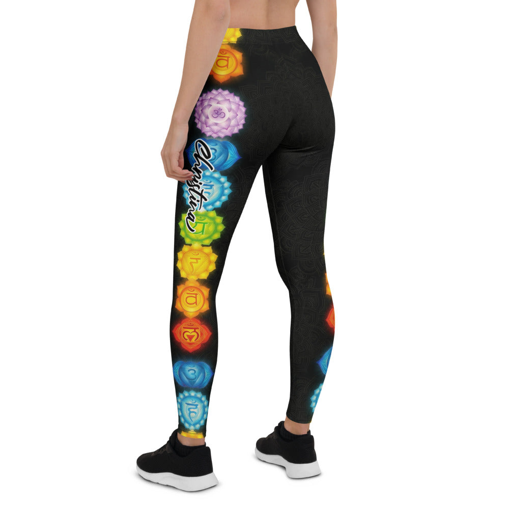 Personalisierte Yoga Leggings Damen Schwarz Chakra Mandala Design Fitnesshose Sport Leggings Bunt F788