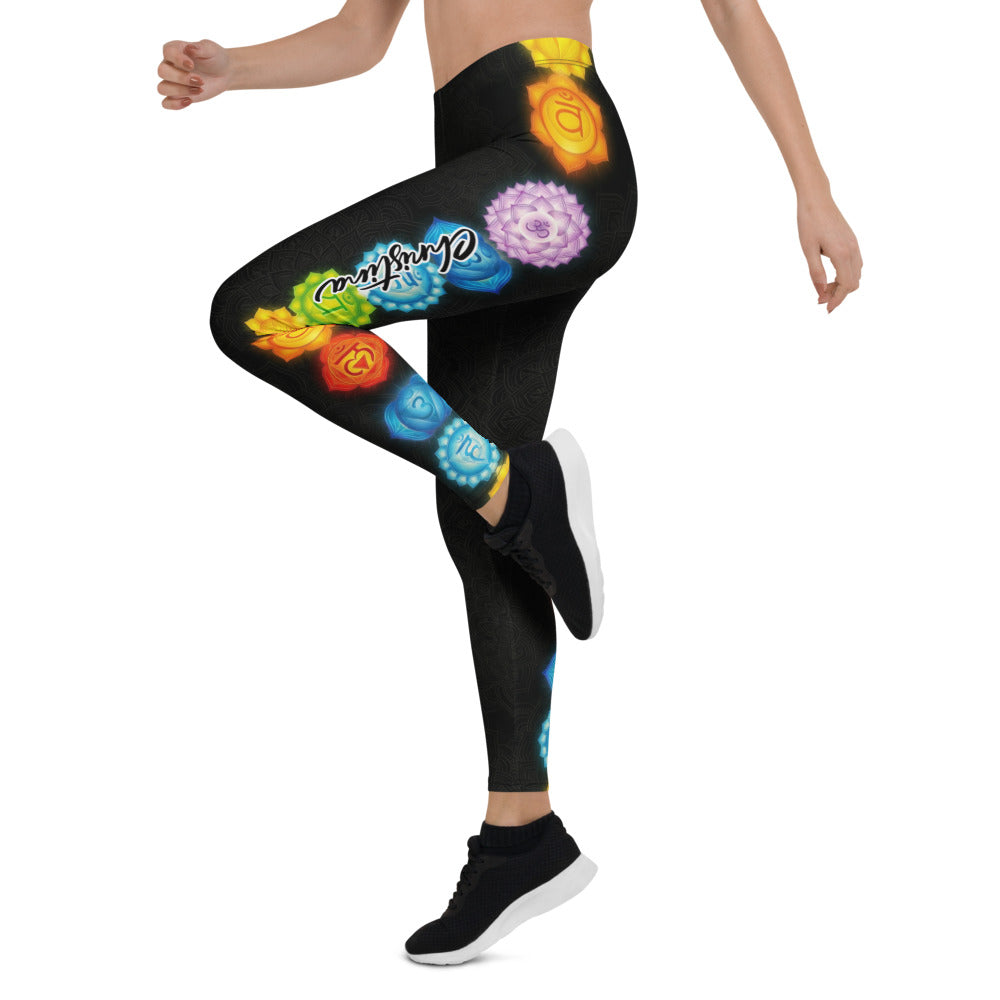 Personalisierte Yoga Leggings Damen Schwarz Chakra Mandala Design Fitnesshose Sport Leggings Bunt F788