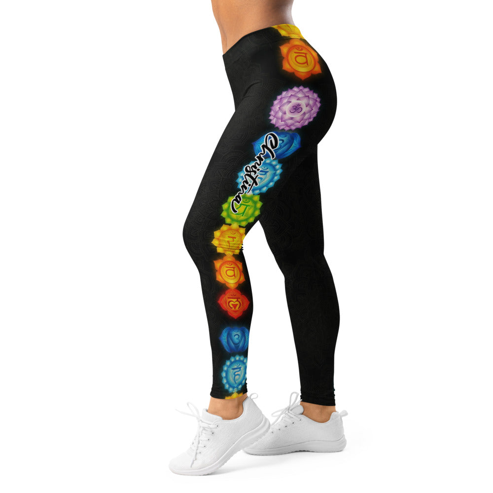 Personalisierte Yoga Leggings Damen Schwarz Chakra Mandala Design Fitnesshose Sport Leggings Bunt F788