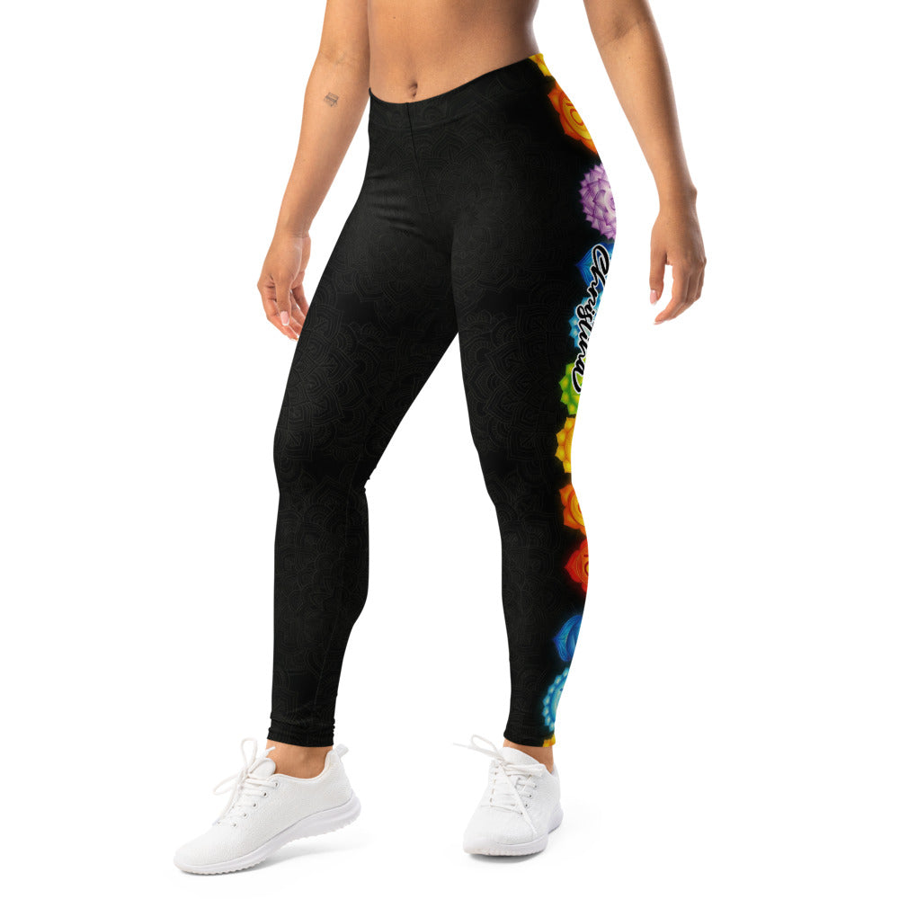 Personalisierte Yoga Leggings Damen Schwarz Chakra Mandala Design Fitnesshose Sport Leggings Bunt F788