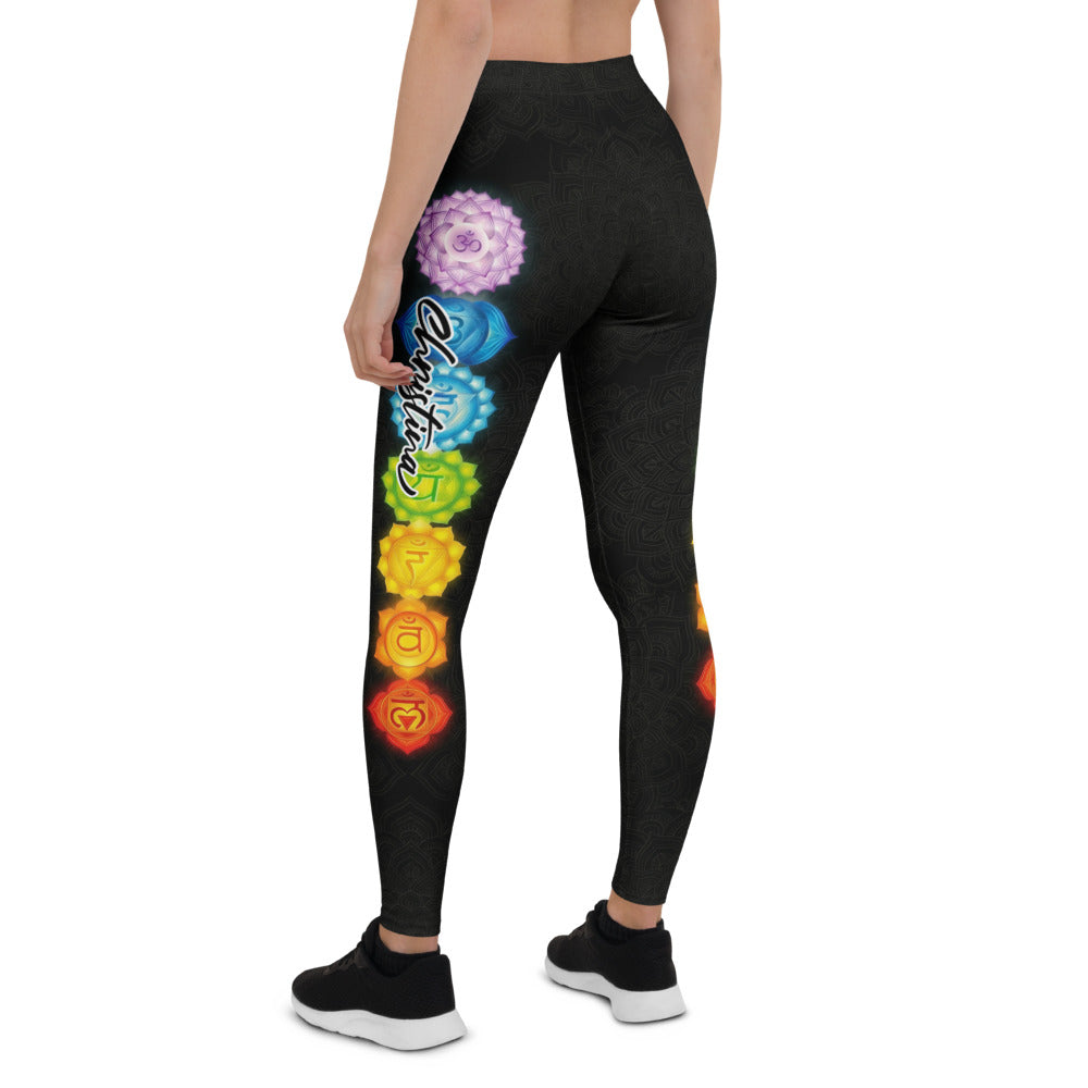 Personalisierte Damen Yoga Leggings Chakra Symbole Mandala Muster Schwarz Bunt Sportleggings Fitnesshose S463