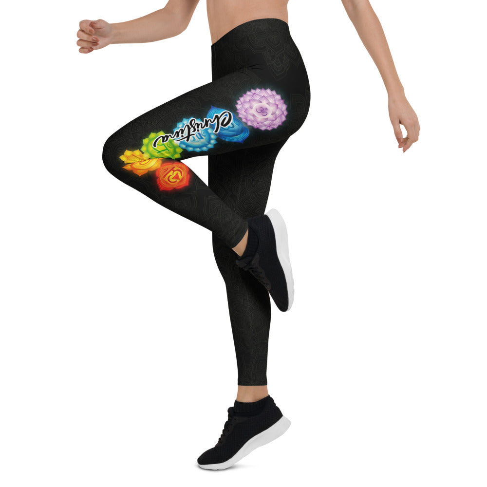 Personalisierte Damen Yoga Leggings Chakra Symbole Mandala Muster Schwarz Bunt Sportleggings Fitnesshose S463