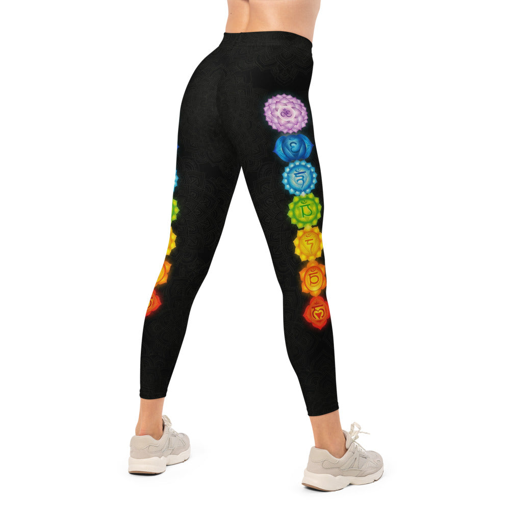Personalisierte Damen Yoga Leggings Chakra Symbole Mandala Muster Schwarz Bunt Sportleggings Fitnesshose S463