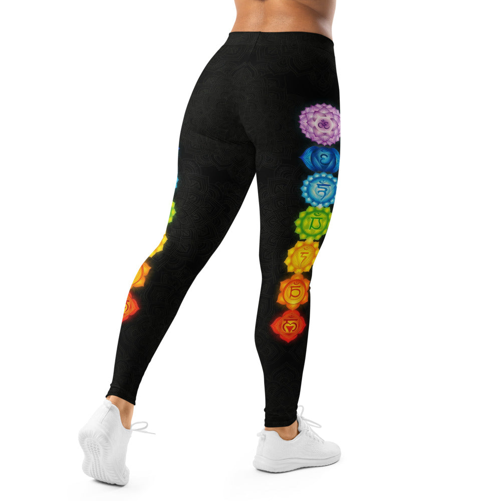 Personalisierte Damen Yoga Leggings Chakra Symbole Mandala Muster Schwarz Bunt Sportleggings Fitnesshose S463