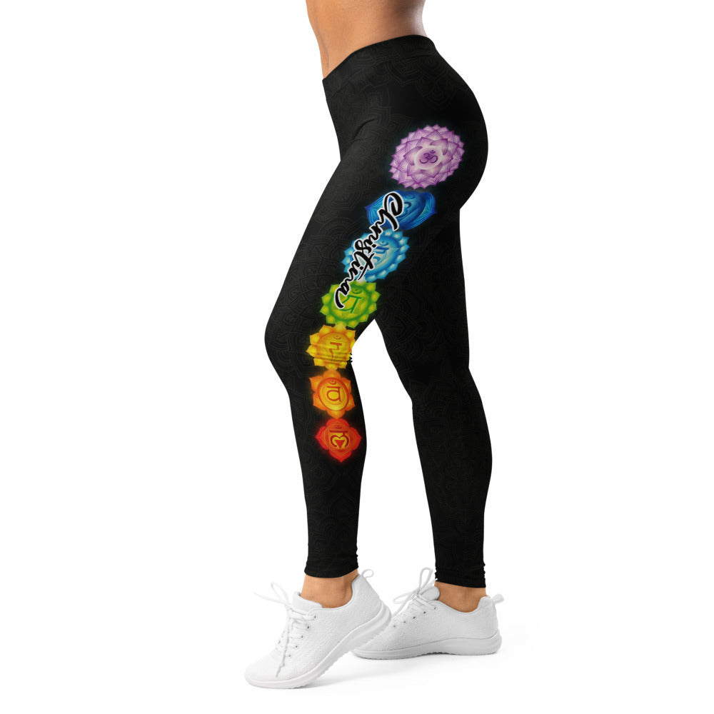 Personalisierte Damen Yoga Leggings Chakra Symbole Mandala Muster Schwarz Bunt Sportleggings Fitnesshose S463
