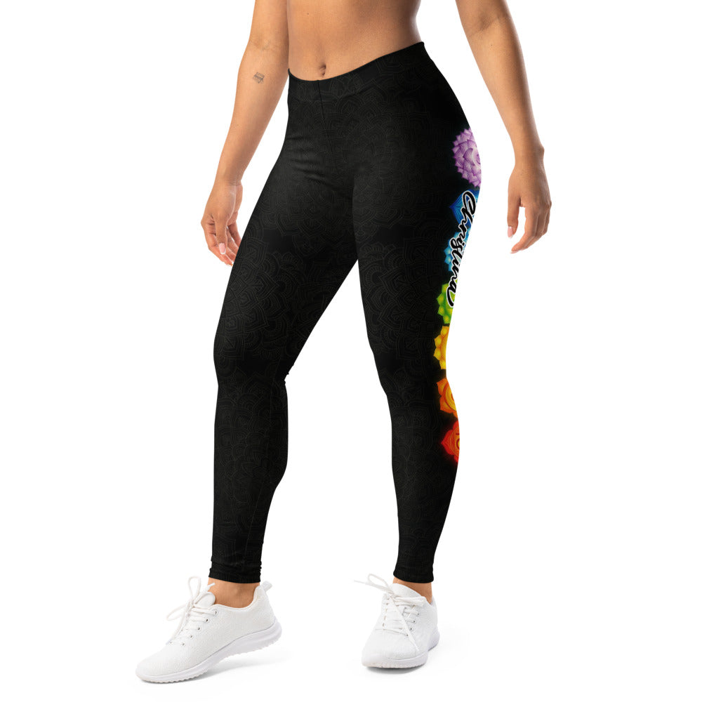 Personalisierte Damen Yoga Leggings Chakra Symbole Mandala Muster Schwarz Bunt Sportleggings Fitnesshose S463