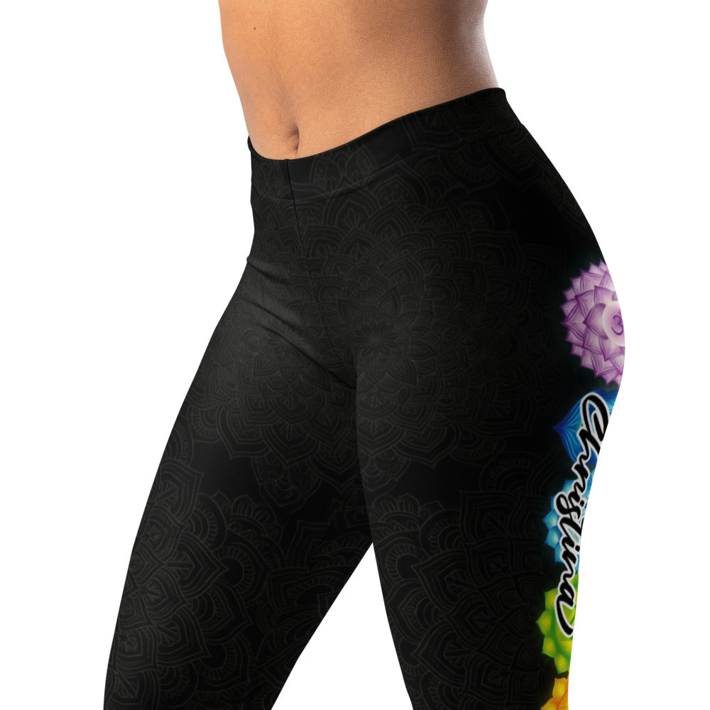 Personalisierte Damen Yoga Leggings Chakra Symbole Mandala Muster Schwarz Bunt Sportleggings Fitnesshose S463