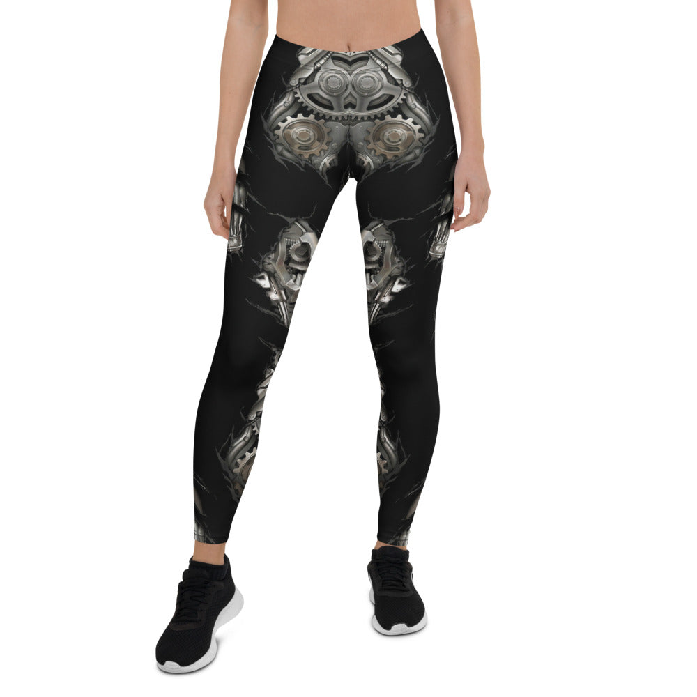Personalisierte Sportleggings Damen Mechanik Design Schwarz Silber Fitness Leggings Steampunk Optik Yoga Hose S412