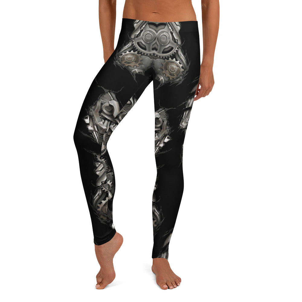 Personalisierte Sportleggings Damen Mechanik Design Schwarz Silber Fitness Leggings Steampunk Optik Yoga Hose S412