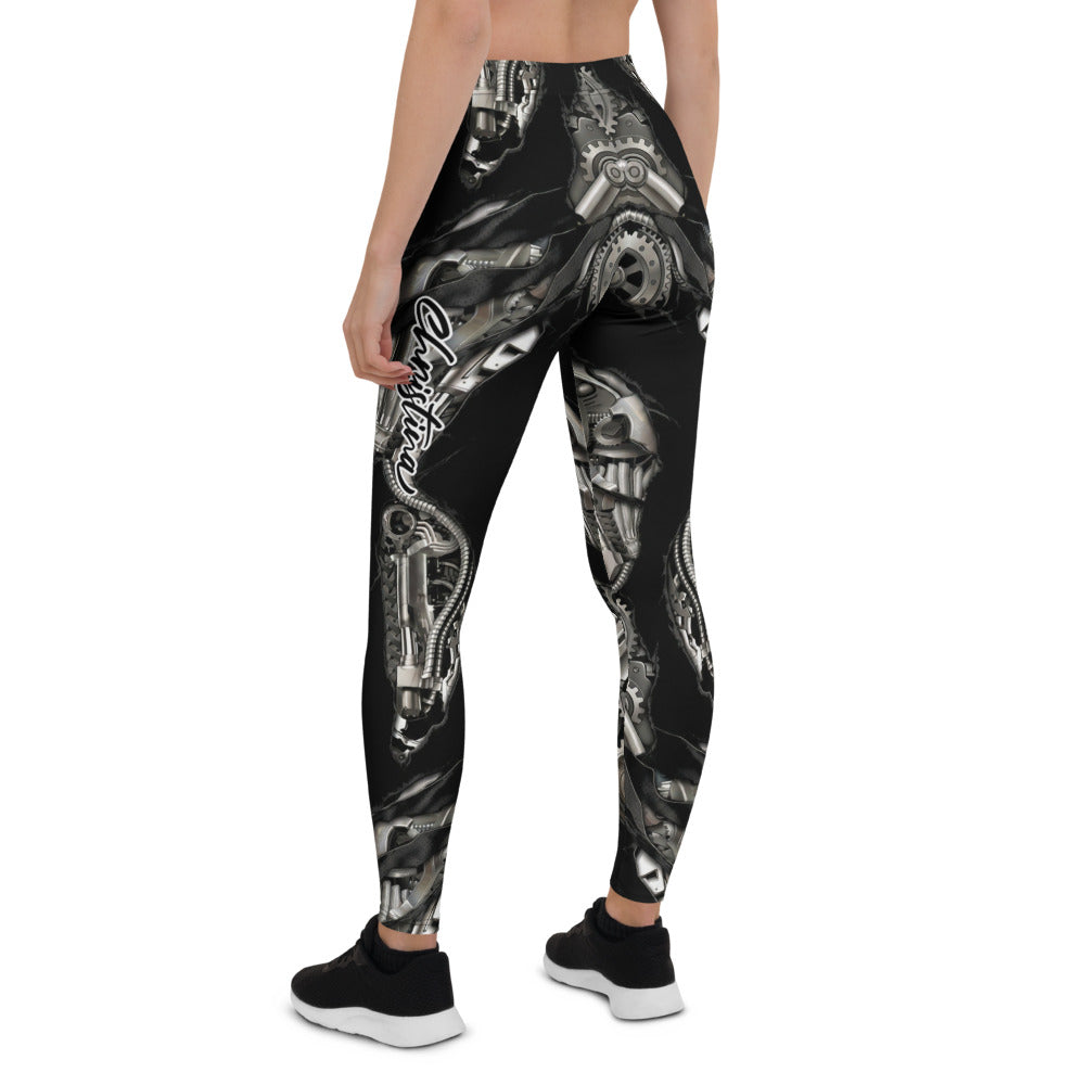Personalisierte Sportleggings Damen Mechanik Design Schwarz Silber Fitness Leggings Steampunk Optik Yoga Hose S412
