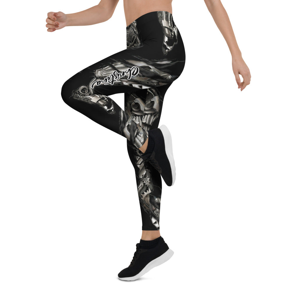 Personalisierte Sportleggings Damen Mechanik Design Schwarz Silber Fitness Leggings Steampunk Optik Yoga Hose S412