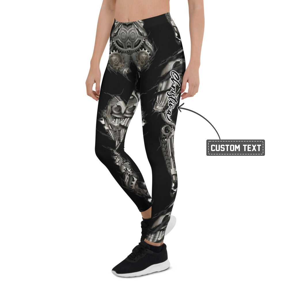 Personalisierte Sportleggings Damen Mechanik Design Schwarz Silber Fitness Leggings Steampunk Optik Yoga Hose S412 - XL