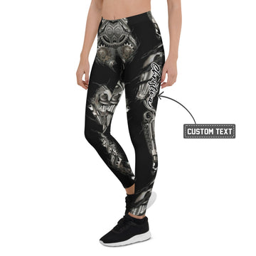 Personalisierte Sportleggings Damen Mechanik Design Schwarz Silber Fitness Leggings Steampunk Optik Yoga Hose S412 - XL