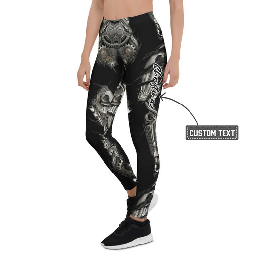Personalisierte Sportleggings Damen Mechanik Design Schwarz Silber Fitness Leggings Steampunk Optik Yoga Hose S412 - XL