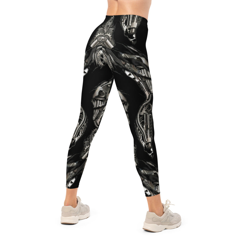 Personalisierte Sportleggings Damen Mechanik Design Schwarz Silber Fitness Leggings Steampunk Optik Yoga Hose S412