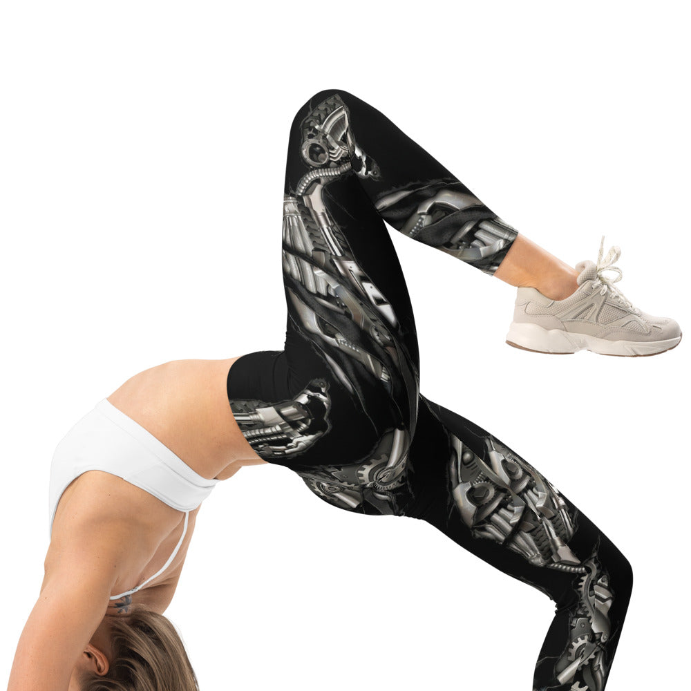 Personalisierte Sportleggings Damen Mechanik Design Schwarz Silber Fitness Leggings Steampunk Optik Yoga Hose S412