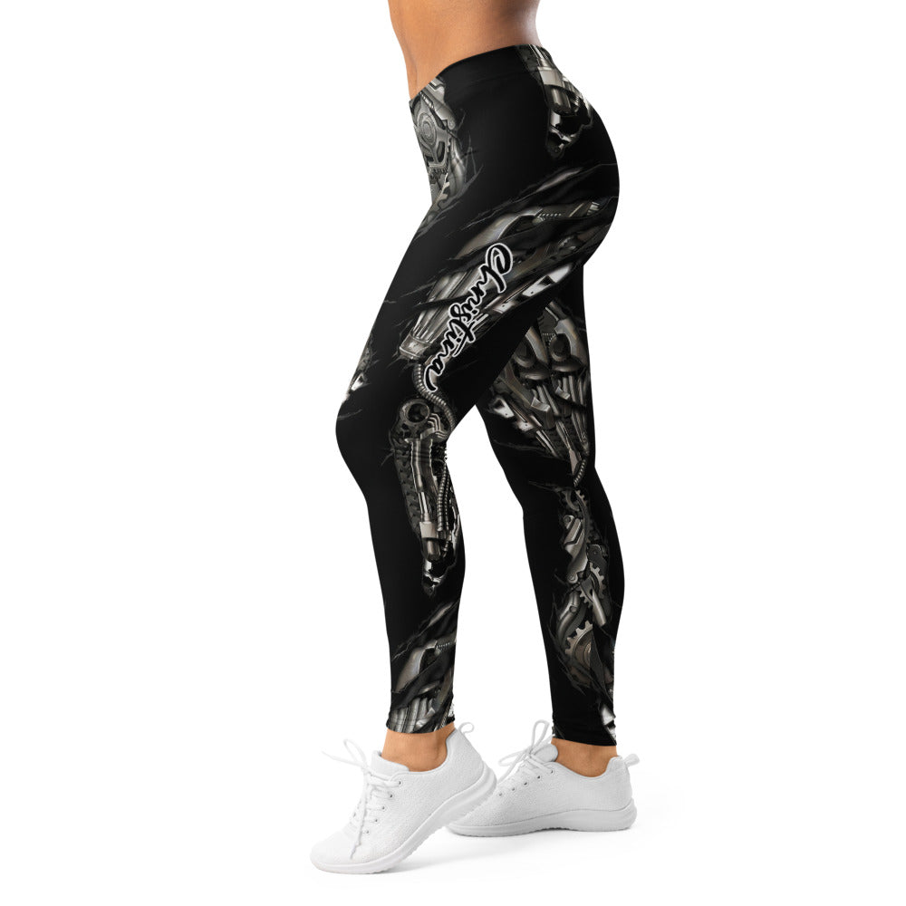 Personalisierte Sportleggings Damen Mechanik Design Schwarz Silber Fitness Leggings Steampunk Optik Yoga Hose S412