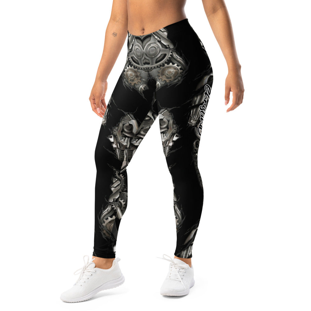 Personalisierte Sportleggings Damen Mechanik Design Schwarz Silber Fitness Leggings Steampunk Optik Yoga Hose S412