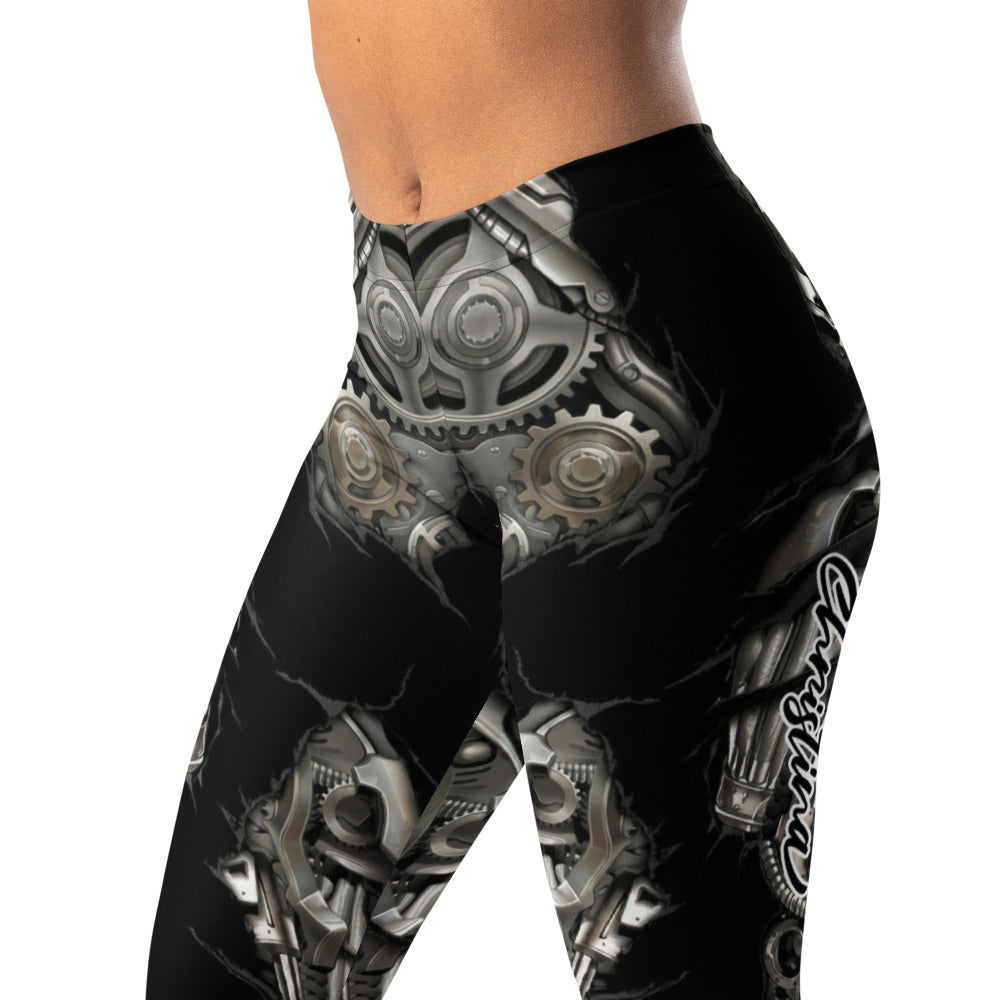 Personalisierte Sportleggings Damen Mechanik Design Schwarz Silber Fitness Leggings Steampunk Optik Yoga Hose S412