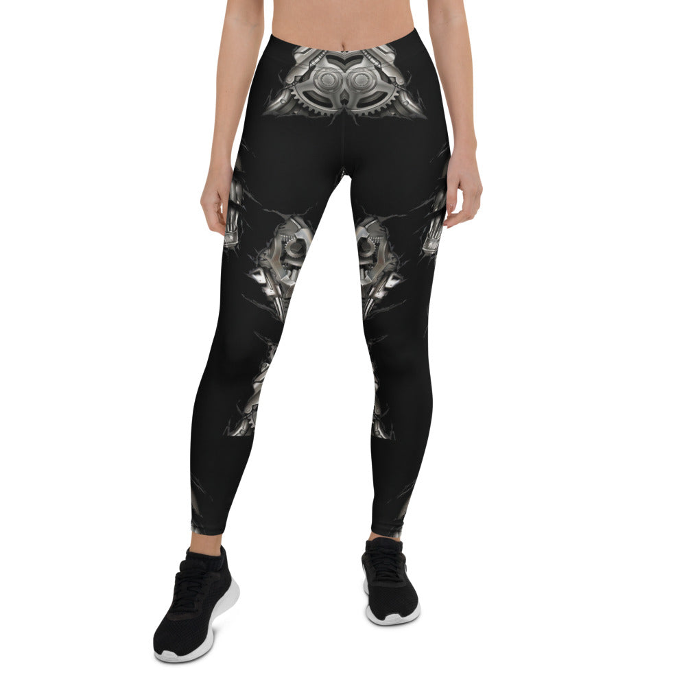 Personalisierte Damen Sportleggings Steampunk Mechanik Design Schwarz Silber Fitness Leggings F997