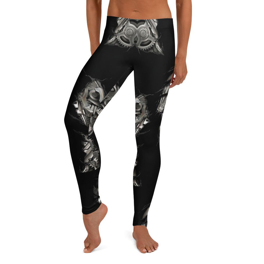 Personalisierte Damen Sportleggings Steampunk Mechanik Design Schwarz Silber Fitness Leggings F997