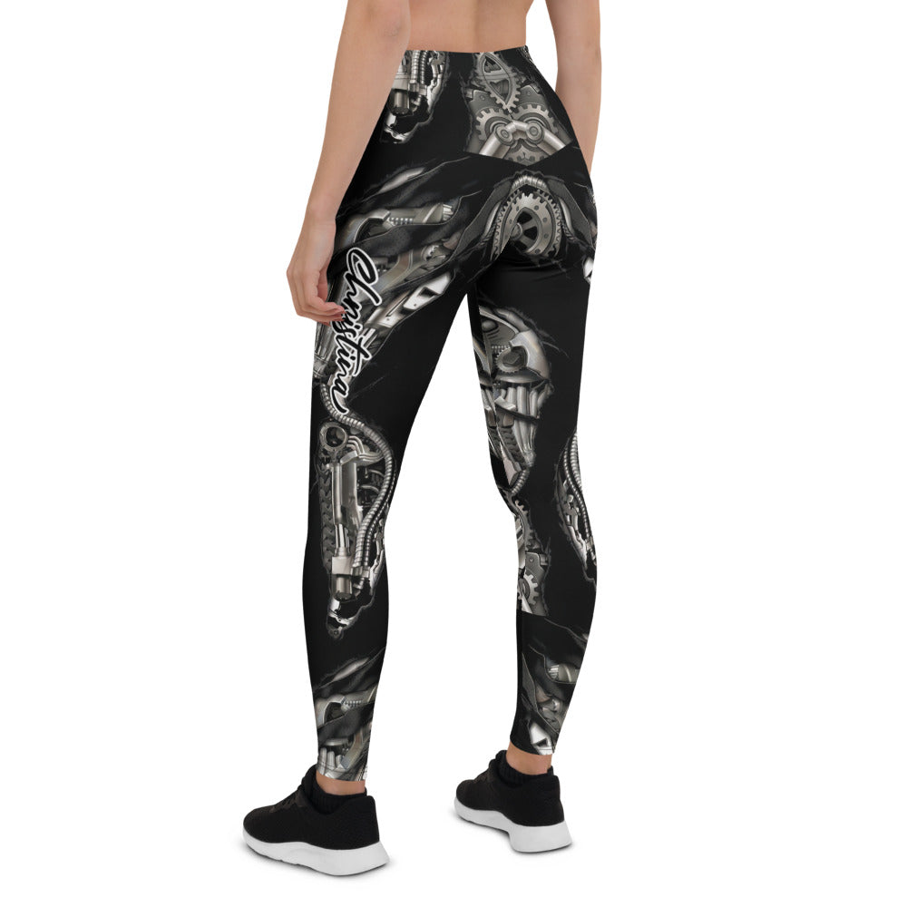 Personalisierte Damen Sportleggings Steampunk Mechanik Design Schwarz Silber Fitness Leggings F997